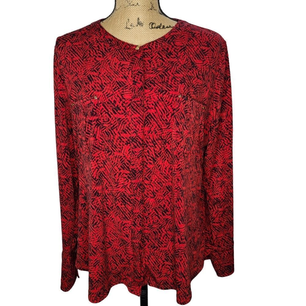Vintage 90s Abstract Red Black Wearable Art Blouse XL